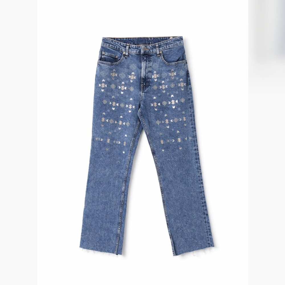 Lucky Brand Embroidered Jeans 8 High Rise Straight Crop Raw Hem Boho Aztec Geo
